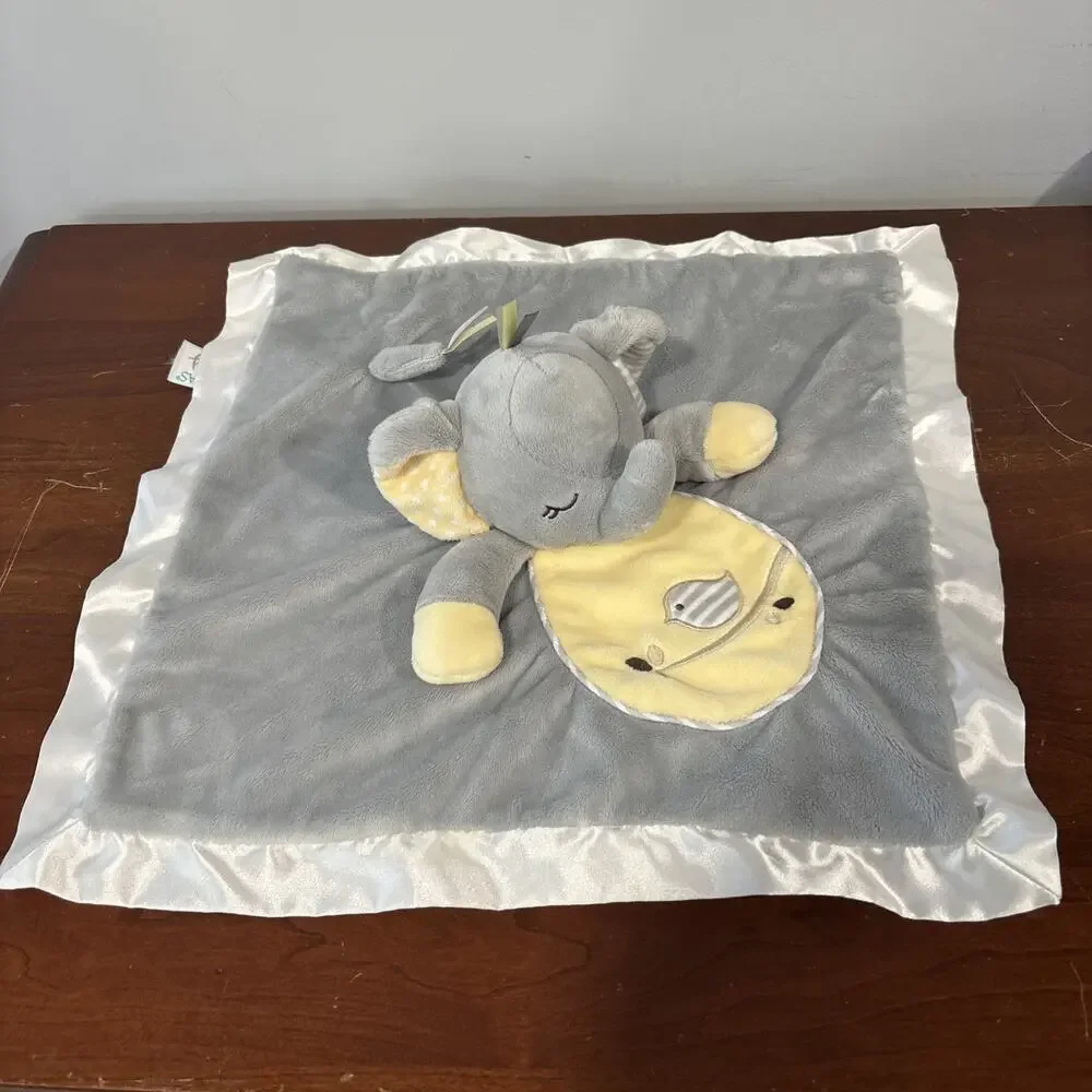 Douglas Baby Gray Elephant Yellow Bird Lovey Security Blanket Plush Satin 14.5”
